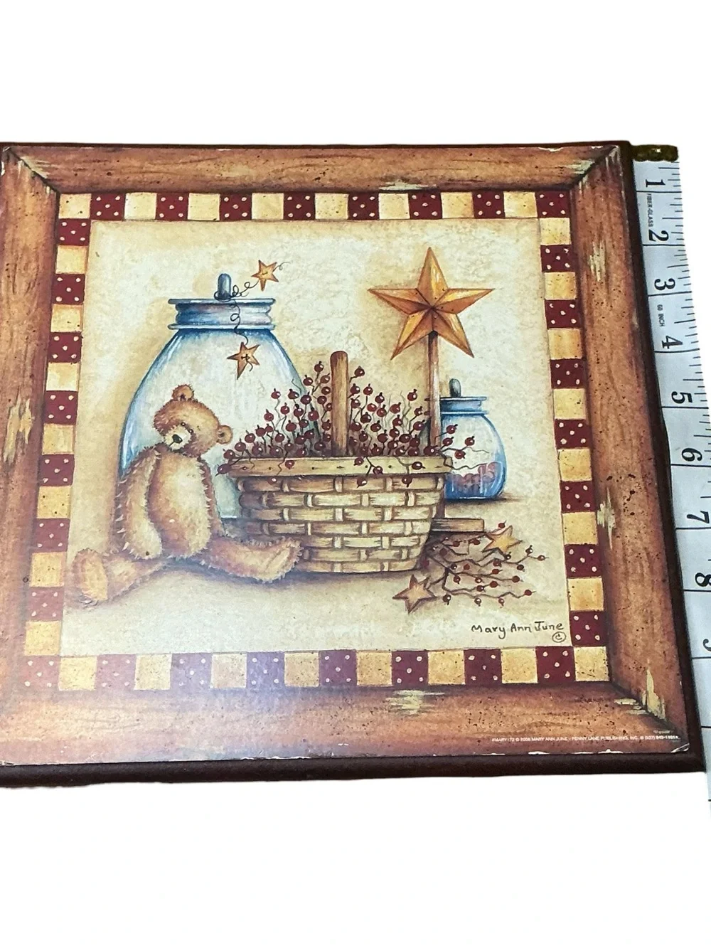 Teddy Bear & Basket Wall Art Print - Rustic Red, Cream, Brown